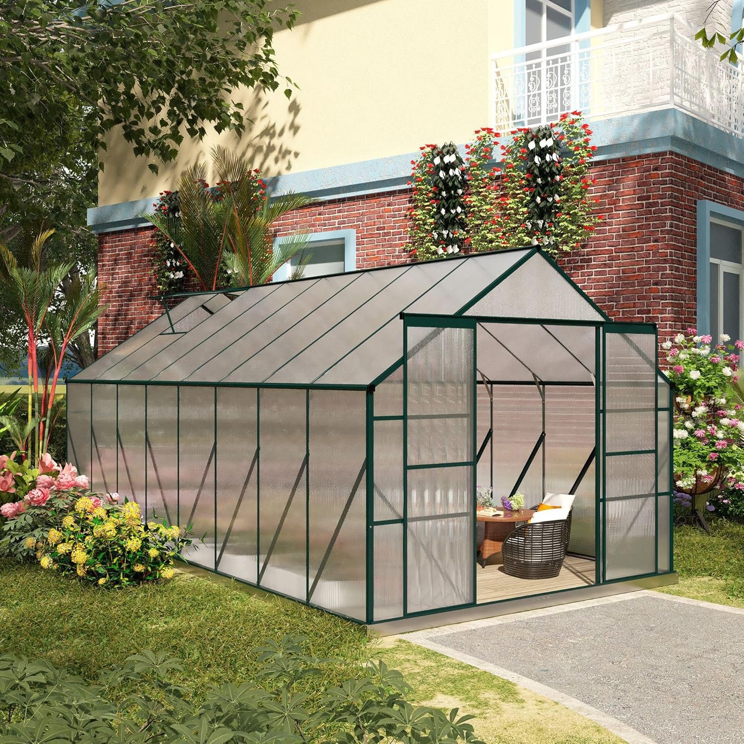 Outsunny x Polycarbonate Greenhouse with Aluminum Frame, Walk-in Garden Greenhouse Kit with Adjustable Roof Vent, Rain Gutter and Sliding Door for Backyard, Patio, Clear Outsunny x Polycarbonate Greenhouse with Aluminum Frame, Walk-in Garden Greenhouse Kit with Adjustable Roof Vent, Rain Gutter and Sliding Door for Backyard, Patio, Clear