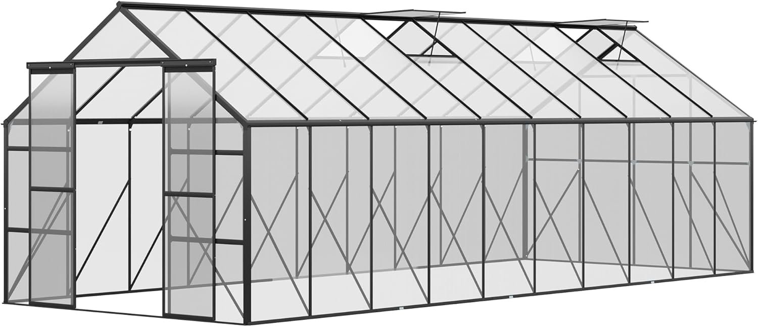 Outsunny x Polycarbonate Greenhouse with Aluminum Frame, Walk-in Garden Greenhouse Kit with Adjustable Roof Vent, Rain Gutter and Sliding Door for Backyard, Patio, Clear Outsunny x Polycarbonate Greenhouse with Aluminum Frame, Walk-in Garden Greenhouse Kit with Adjustable Roof Vent, Rain Gutter and Sliding Door for Backyard, Patio, Clear