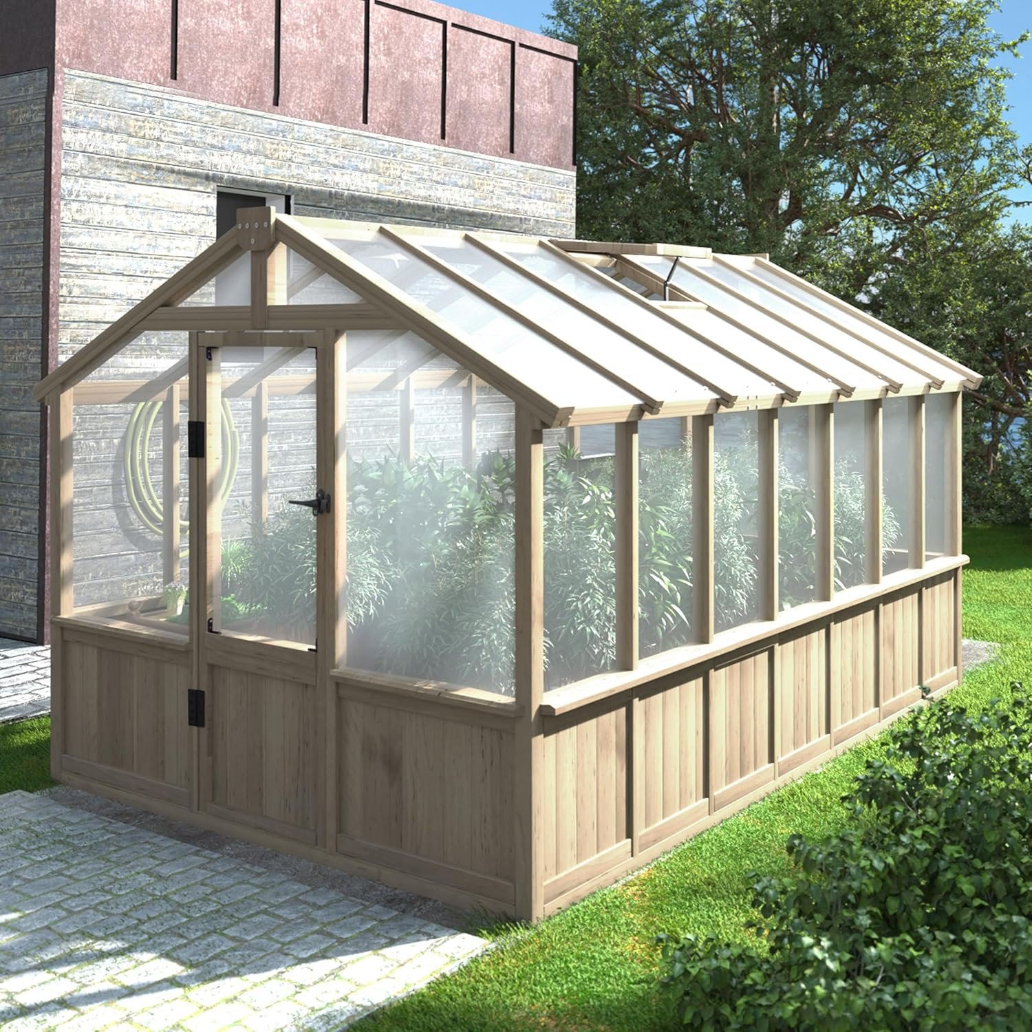 Yardenaler 8x14 FT Outdoor Greenhouse Kit, 6MM Thick Polycarbonate Panel Wooden Walk-in Green House with Adjustable Roof Vents  Roof Vents, Backyard Garden, Light Mocha Brown