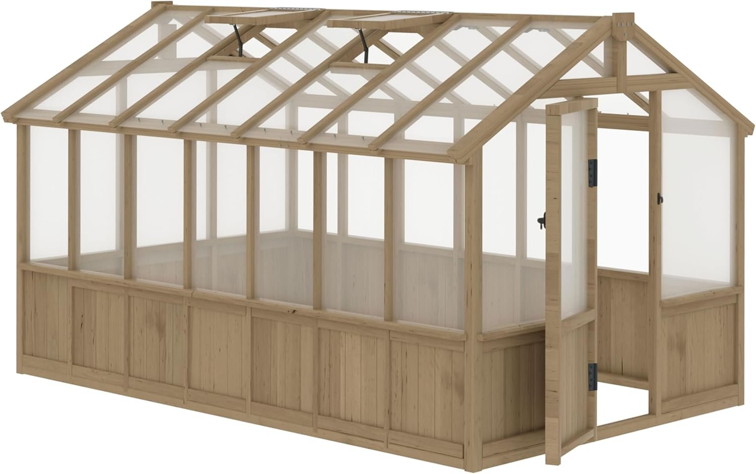 Yardenaler 8x14 FT Outdoor Greenhouse Kit, 6MM Thick Polycarbonate Panel Wooden Walk-in Green House with Adjustable Roof Vents  Roof Vents, Backyard Garden, Light Mocha Brown