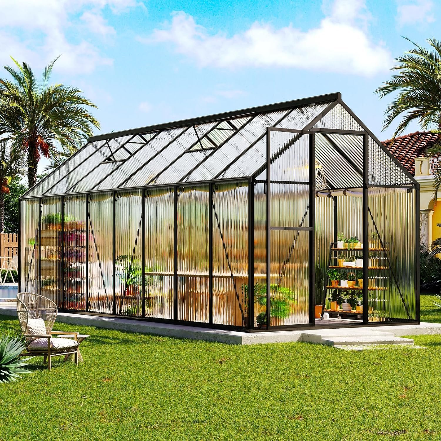 AMERLIFE 6x16 Ft Polycarbonate Greenhouse for Outdoors, Walk-in Design with Aluminum Frame, Windows and Swing Door, Heavy-Duty Greenhouse Construction for Garden, Black AMERLIFE 6x16 Ft Polycarbonate Greenhouse for Outdoors, Walk-in Design with Aluminum Frame, Windows and Swing Door, Heavy-Duty Greenhouse Construction for Garden, Black