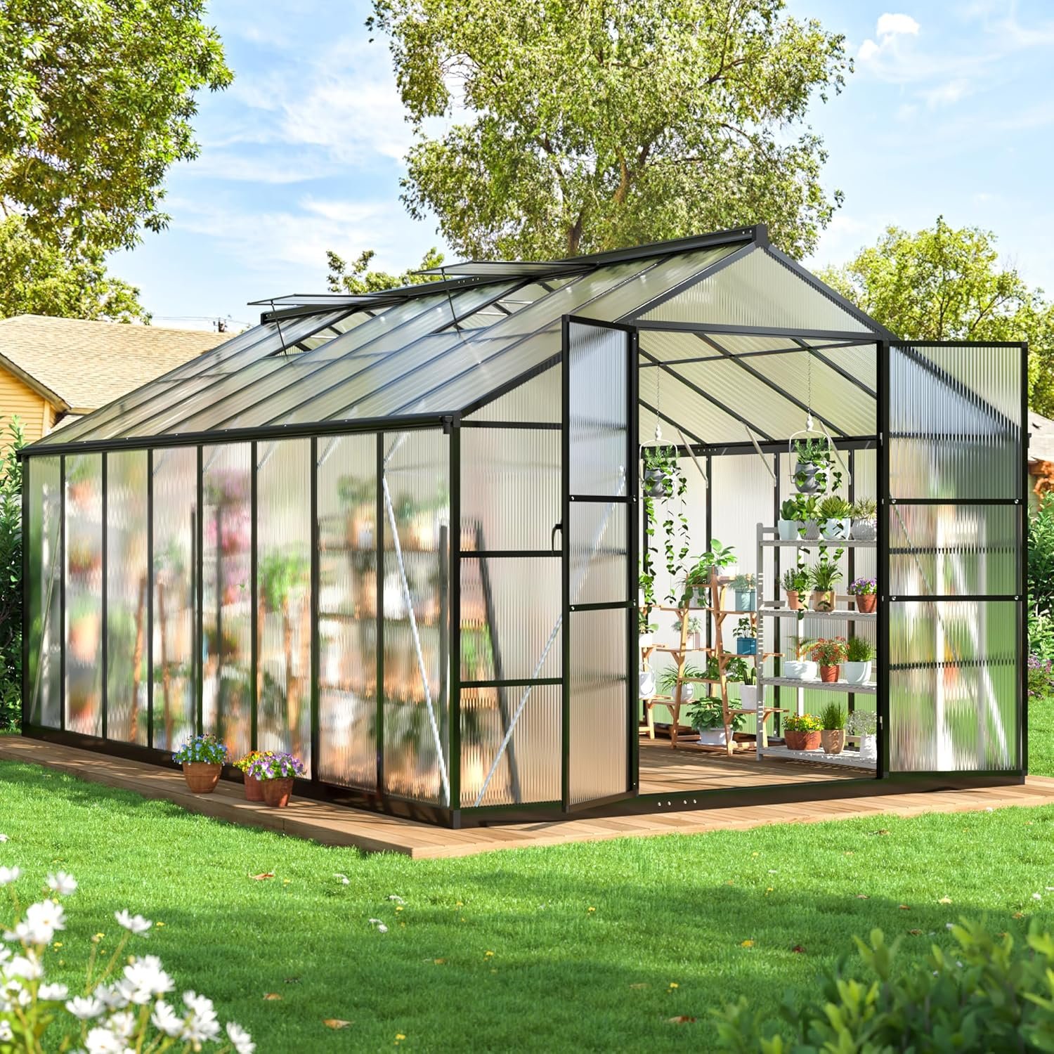 WKM 10x16 FT Greenhouse for Outdoors, Polycarbonate Greenhouse with Roof Vent and Quick Setup Structure, Enhanced Aluminum Green House for Garden Backyard, Black WKM 10x16 FT Greenhouse for Outdoors, Polycarbonate Greenhouse with Roof Vent and Quick Setup Structure, Enhanced Aluminum Green House for Garden Backyard, Black