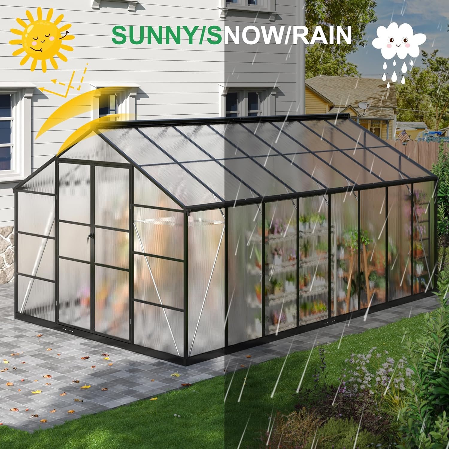 WKM 10x16 FT Greenhouse for Outdoors, Polycarbonate Greenhouse with Roof Vent and Quick Setup Structure, Enhanced Aluminum Green House for Garden Backyard, Black WKM 10x16 FT Greenhouse for Outdoors, Polycarbonate Greenhouse with Roof Vent and Quick Setup Structure, Enhanced Aluminum Green House for Garden Backyard, Black