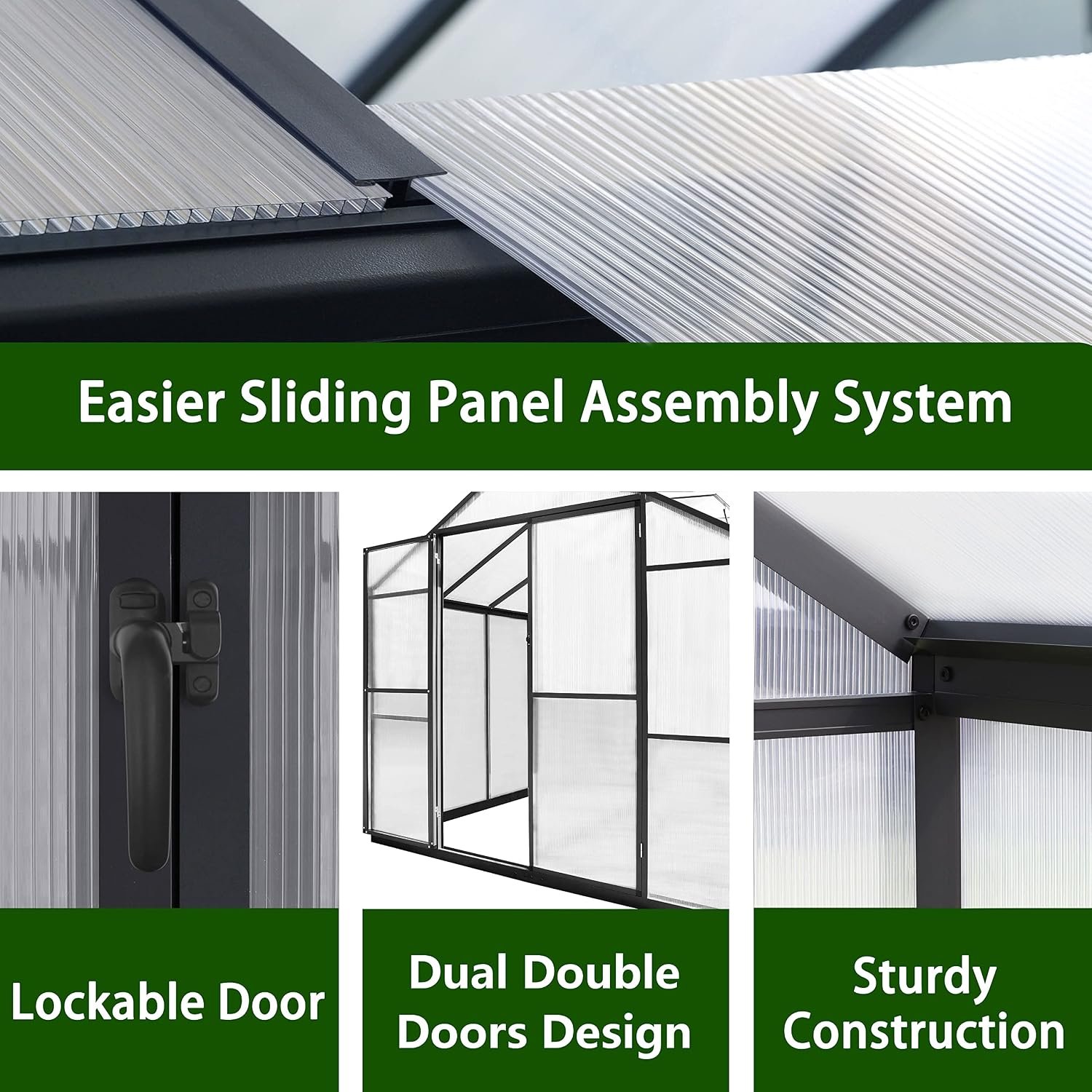 Yardenaler 8x16 FT Polycarbonate Aluminum Greenhouse Kit, Outdoor Walk-in Green House with Adjustable Roof Vents and Lockable Door, Backyard Garden in Winter, Gray