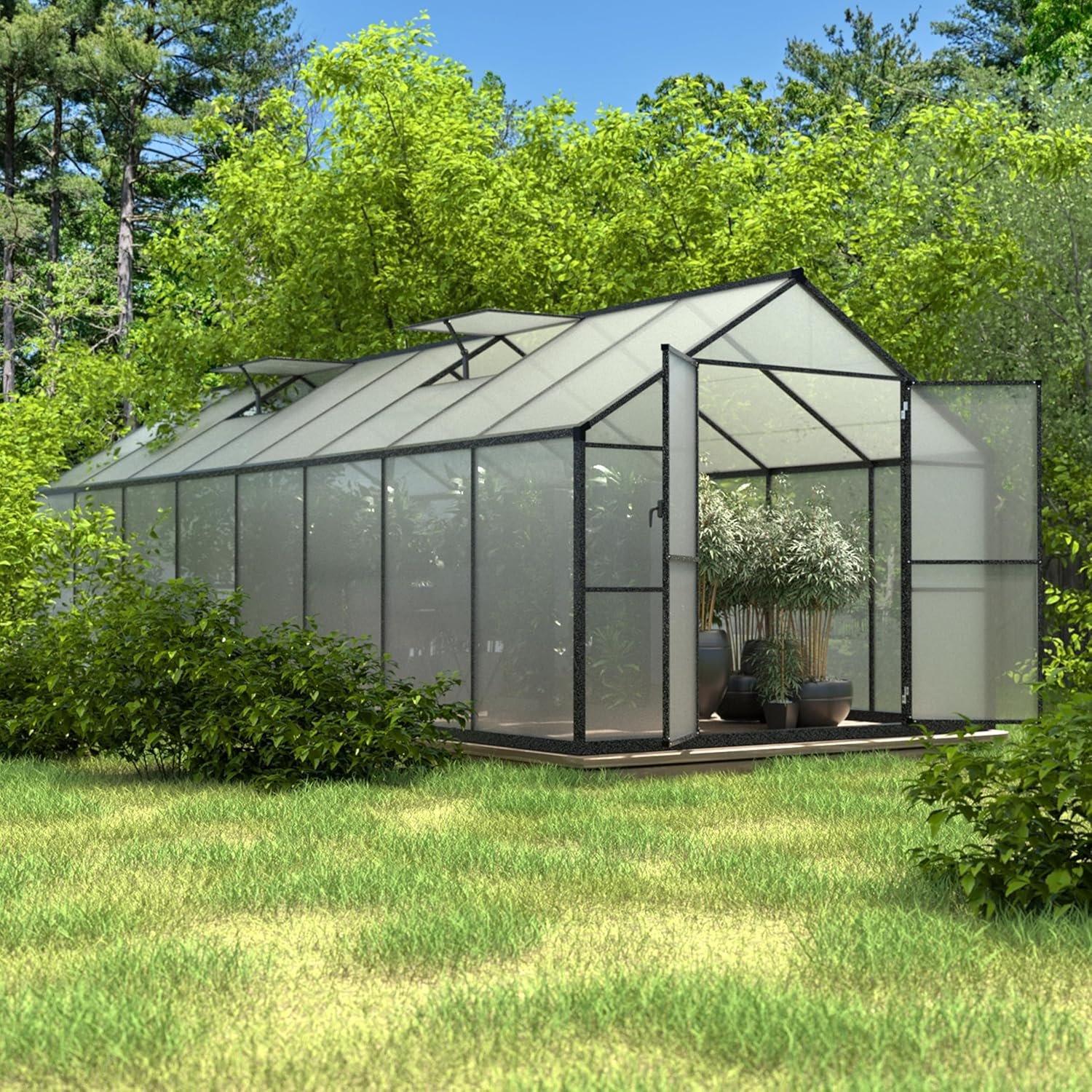 Yardenaler 8x16 FT Polycarbonate Aluminum Greenhouse Kit, Outdoor Walk-in Green House with Adjustable Roof Vents and Lockable Door, Backyard Garden in Winter, Gray