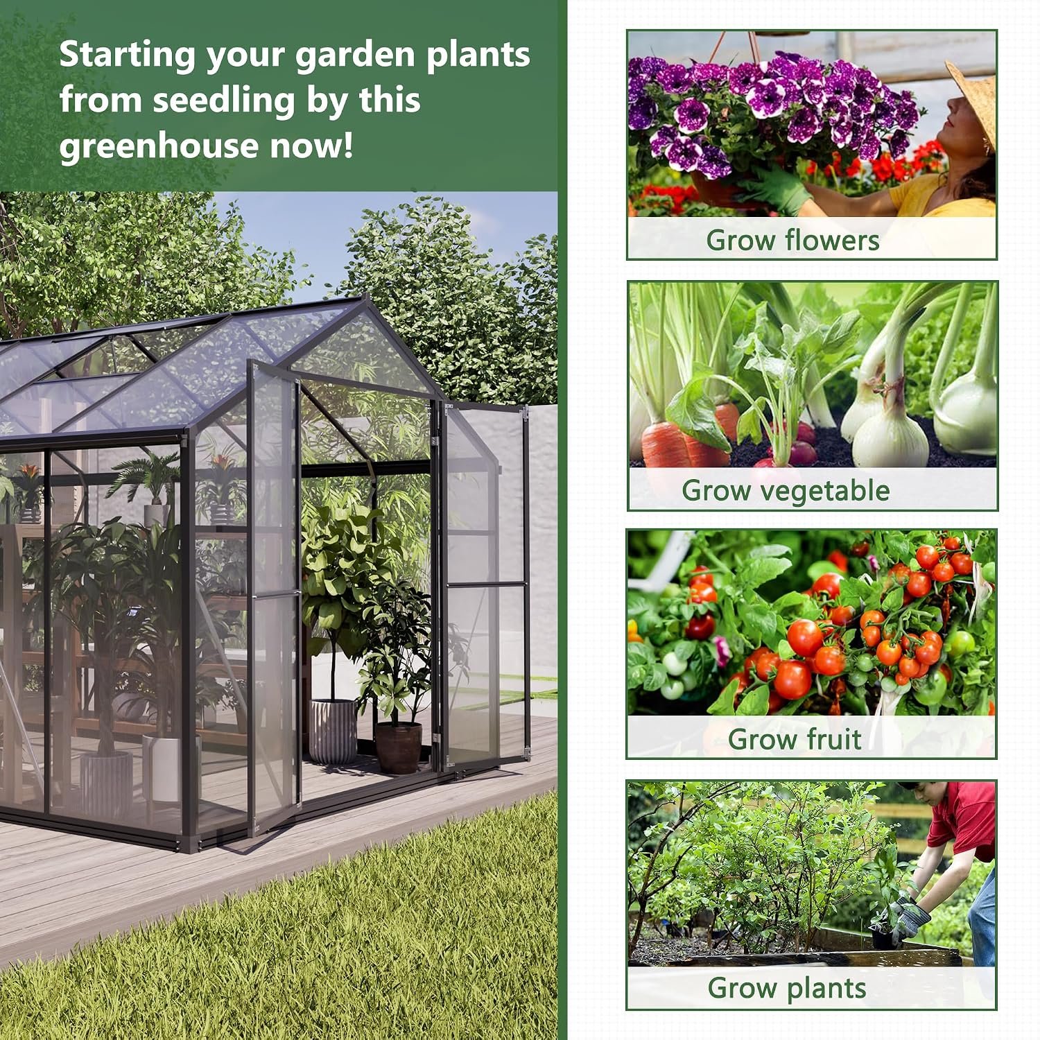 Linkhoo 8x12 FT Polycarbonate Greenhouse with Lockable Double Door and Adjustable Roof Vent Window, Large Walk-in Hobby Greenhouses, Aluminum Heavy Duty Hot House for Outdoor Garden Backyard, Black