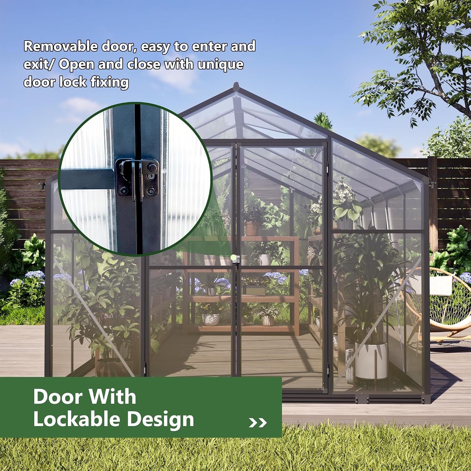 Linkhoo 8x12 FT Polycarbonate Greenhouse with Lockable Double Door and Adjustable Roof Vent Window, Large Walk-in Hobby Greenhouses, Aluminum Heavy Duty Hot House for Outdoor Garden Backyard, Black