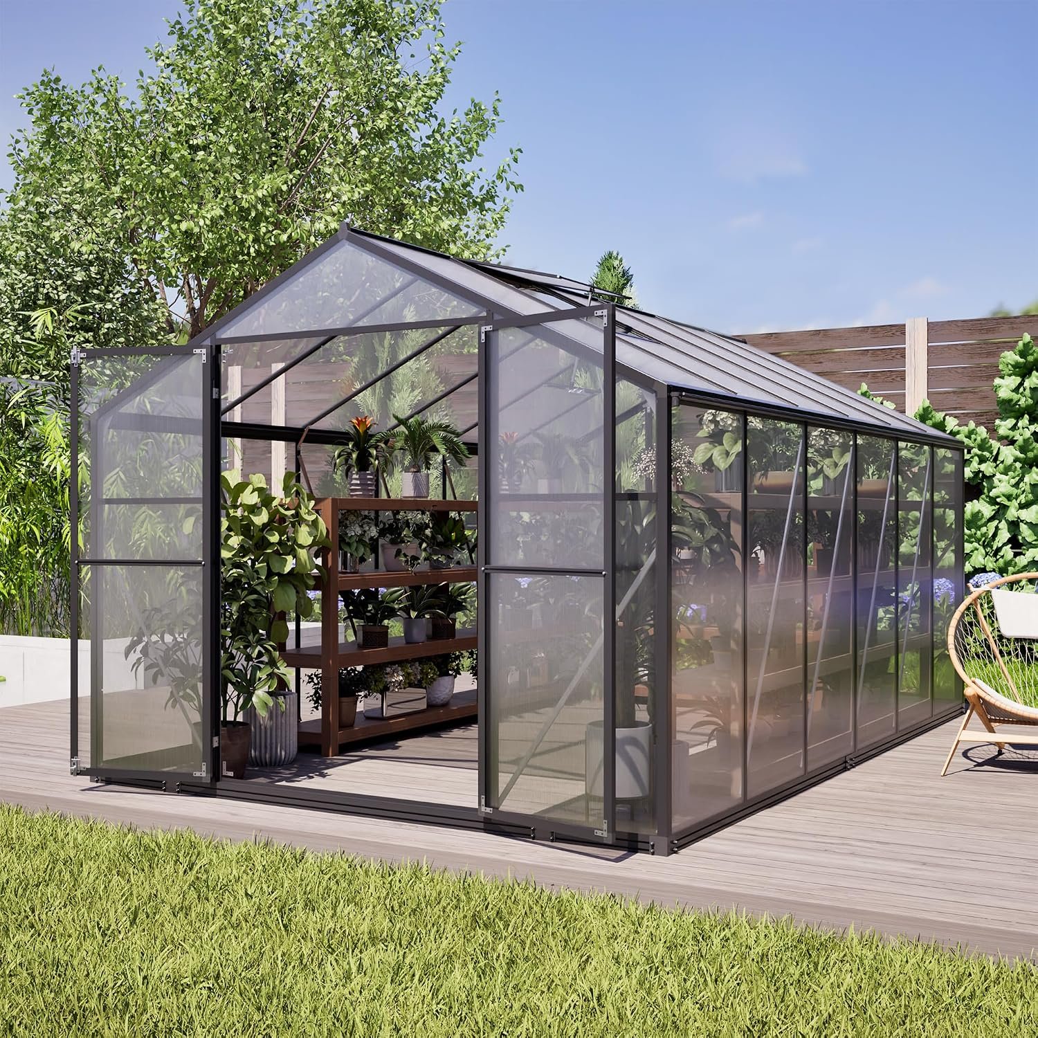 Linkhoo 8x12 FT Polycarbonate Greenhouse with Lockable Double Door and Adjustable Roof Vent Window, Large Walk-in Hobby Greenhouses, Aluminum Heavy Duty Hot House for Outdoor Garden Backyard, Black