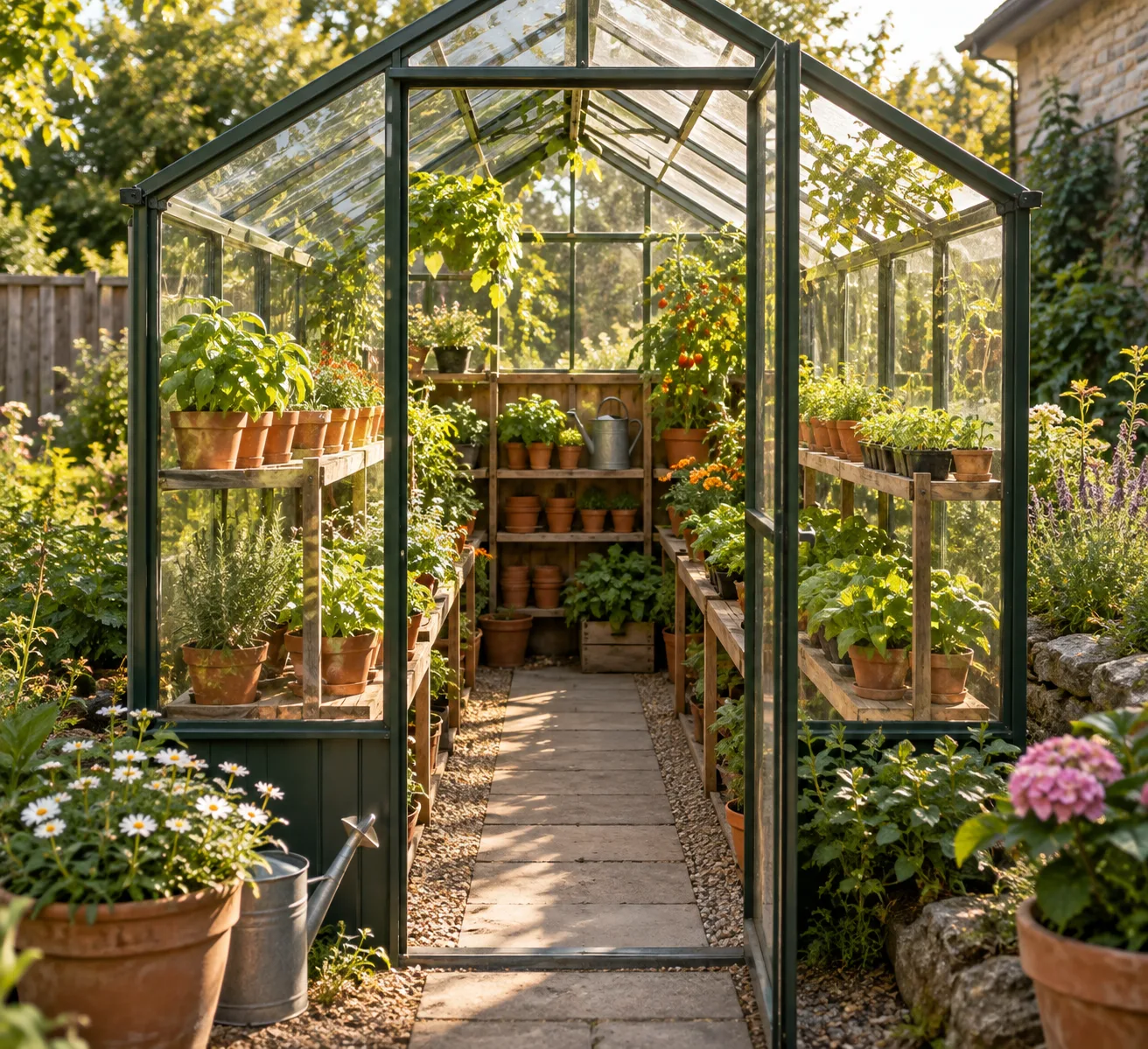 A warm, photorealistic small backyard greenhouse with glass walls, neatly arranged terracotta pots, lush seedlings on compact shelves, a narrow centra...