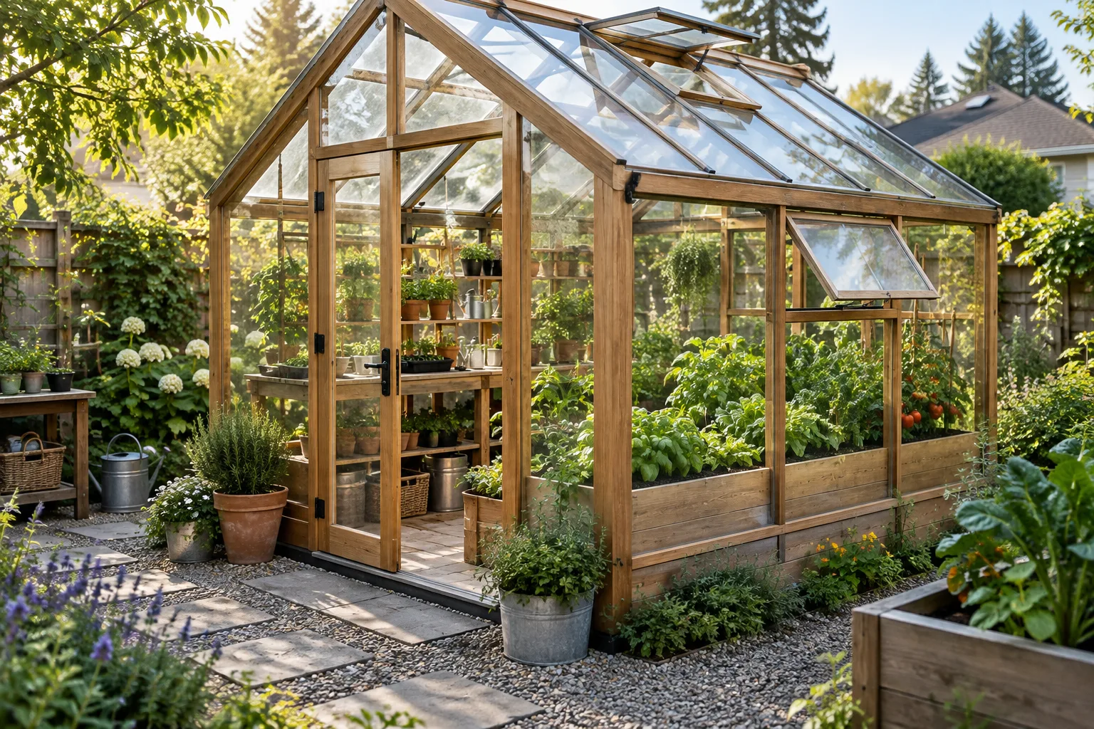 Create a photorealistic featured image of a compact backyard garden greenhouse, viewed at a slight angle, with glass panels, a simple wooden frame, ra...