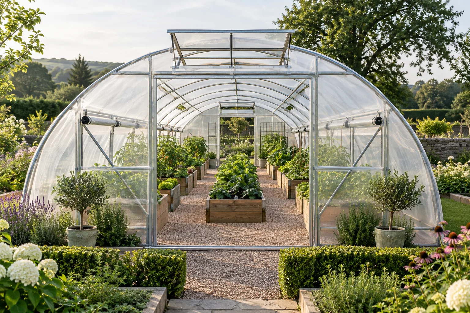Create a realistic editorial image of a well-designed polytunnel greenhouse in a lush garden, showing its arched transparent cover, sturdy frame, orga...