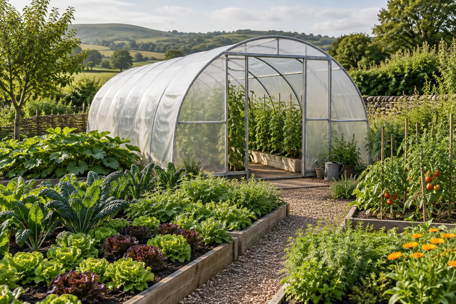Photorealistic featured image of a well-designed polytunnel greenhouse in a productive garden, its arched frame and translucent plastic cover clearly...